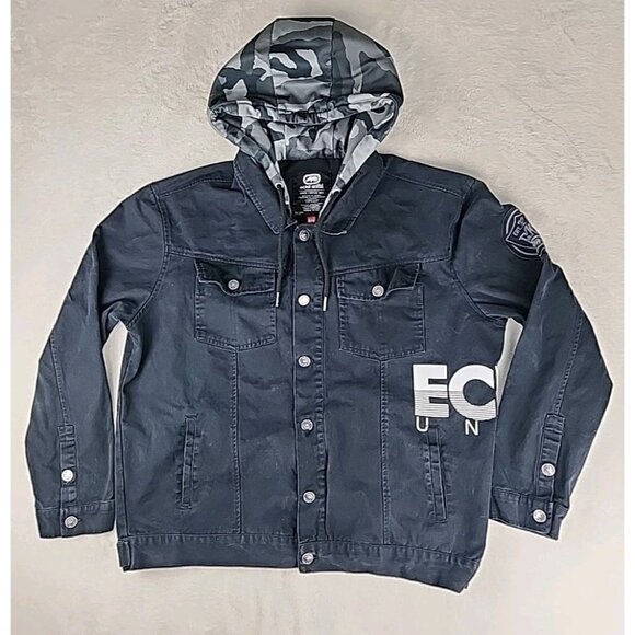 Ecko Unltd Denim Jacket Men's XL Black Button Up Camo Hood Grunge Rhino Y2K - Picture 1 of 16
